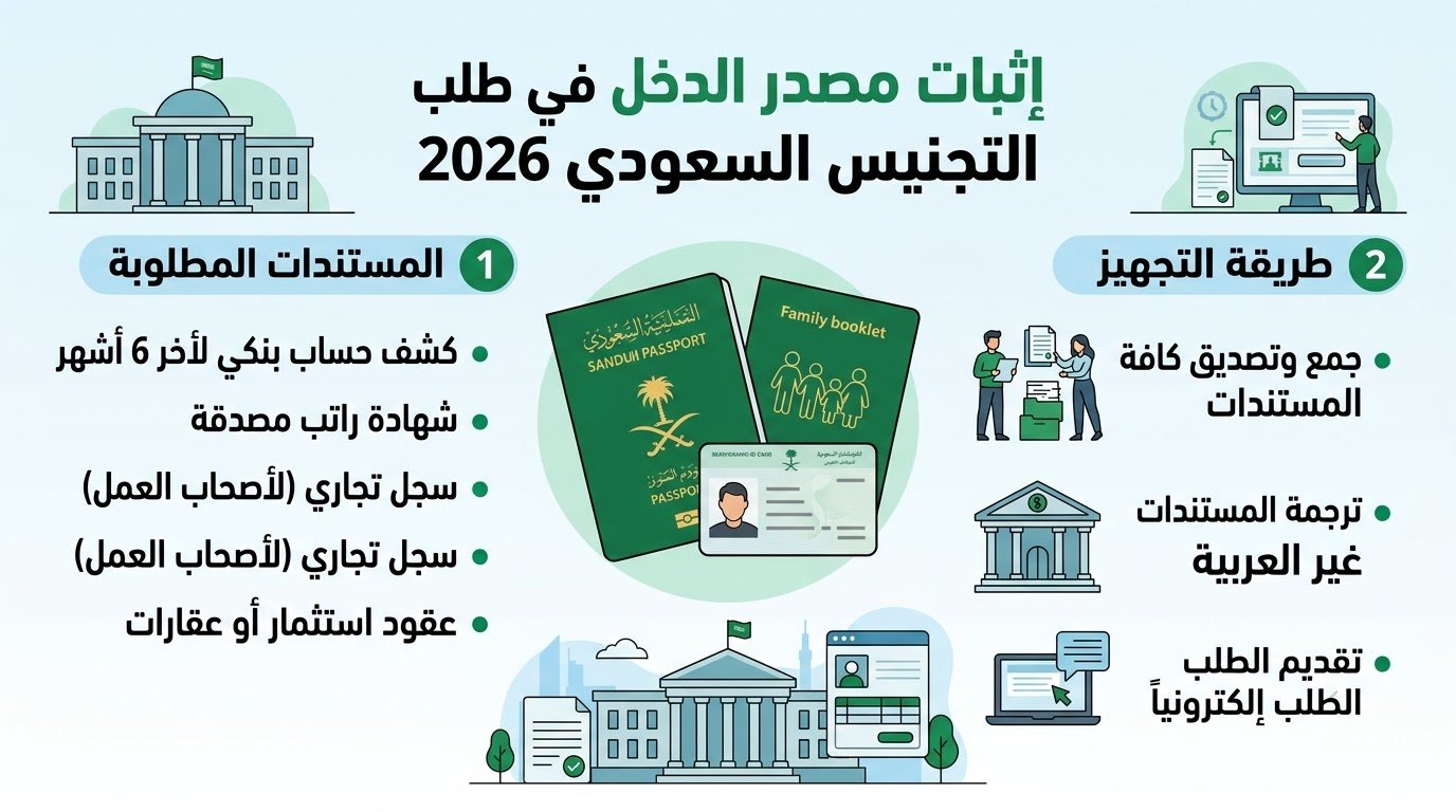 إثبات مصدر الدخل في طلب التجنيس السعودي 2026: المستندات المطلوبة وطريقة التجهيز