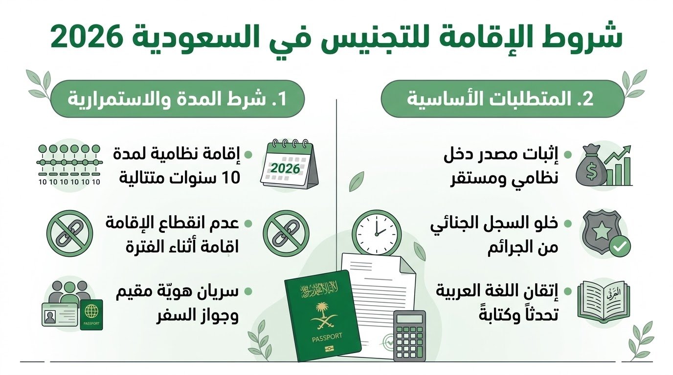 شروط الإقامة للتجنيس في السعودية 2026 | المدة والمتطلبات