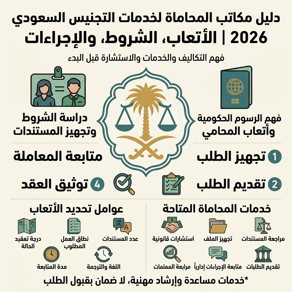 مكاتب المحاماة لخدمات التجنيس السعودي: الرسوم والأتعاب 2026